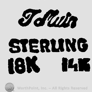 T MUIR handwritten over  STERLING written with uppercase letters, numbers 18K and 14K written at the bottom.