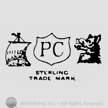A ship, a shield with uppercase PC written on it and an wolf, Sterling Trade Mark written below.