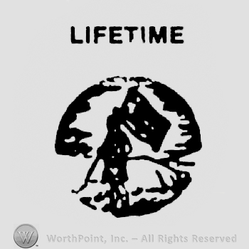 A man with a flag on a landscape, Lifetime written above with uppercase letters. 