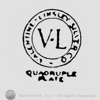 A double circle enclosing initials V and L, Valentine Linsley Silver Co. written in uppercase letters, Quadruple Plate written below in uppercase letters. 