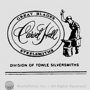 A double circle enclosing a signature and the text Great Blades Steelsmiths written in uppercase letters next to the image of a blacksmith at work.