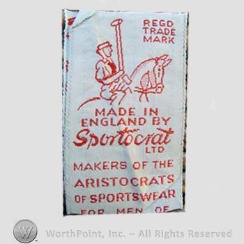 Clothing label : Novelty Label. Made in England by Sportocrat Ltd.