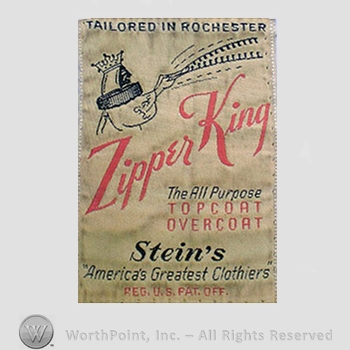 Clothing label : Novelty Label. Tailored in rochester Zipper King; The All Purpose Topcoat Overcoat Stein's America's Greatest Clothiers.