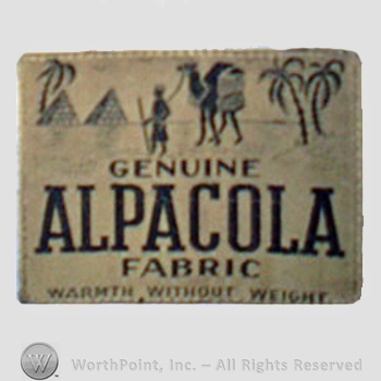 Clothing label : Novelty Label. Genuine Alpacola Fabric.