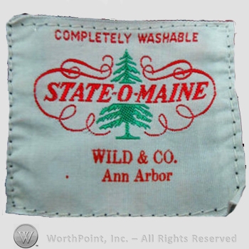 Clothing label : Novelty Label. Completely Washable State-o-Maine Wild & Co. Ann Arbor.