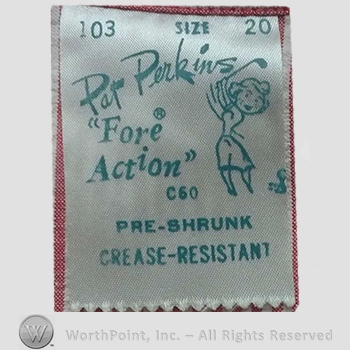Clothing label : Novelty Label. Por Perkins Fore Action.