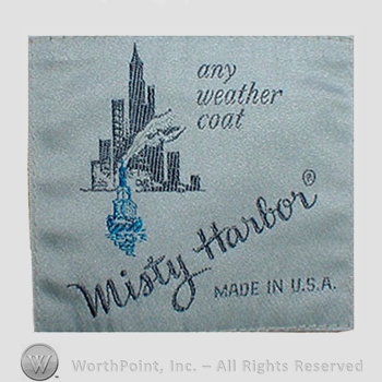 Clothing label : Novelty Label. Any Weather Coat Misty Harbor Made in USA.