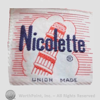 Clothing label : Novelty Label. Nicolette Union Made.