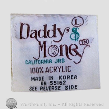 Clothing label : Novelty Label. Daddy Money California Jrs.