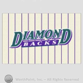 Arizona Diamondbacks sport logo: Diamond Backs written on a cream with purple pinstripes background.