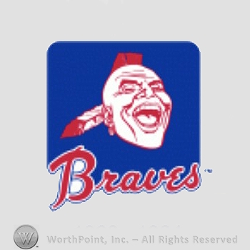 Atlanta Braves sport logo: Native American head with mohawk feather, and earing above Braves on a rounded rectangle.