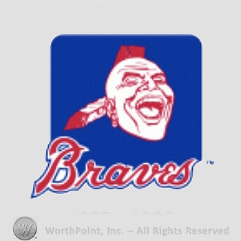Atlanta Braves sport logo: Native American head with mohawk feather, and earing above Braves on a rounded rectangle.