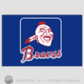 Atlanta Braves sport logo: Native American head with mohawk feather, and earing above Braves on a rounded rectangle.