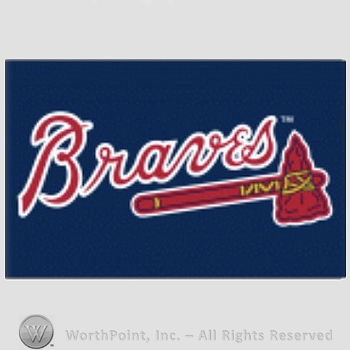 Atlanta Braves sport logo: Braves above a scarlet tomahawk on a navy blue background.