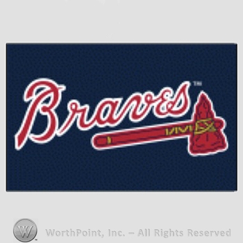 Atlanta Braves sport logo: Braves above a scarlet tomahawk on a navy blue background.