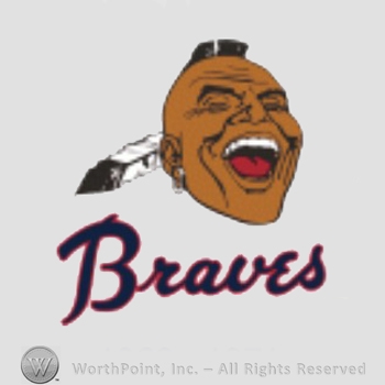 Atlanta Braves sport logo: Native American head with mohawk feather, and earing above Braves.