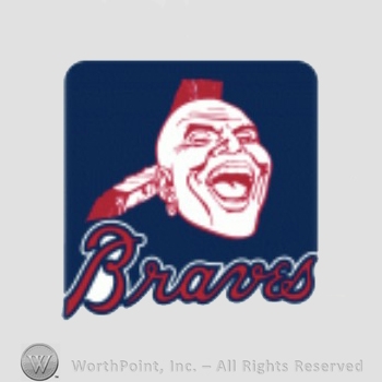 Atlanta Braves sport logo: Native American head with mohawk feather, and earing above Braves on a rounded rectangle.