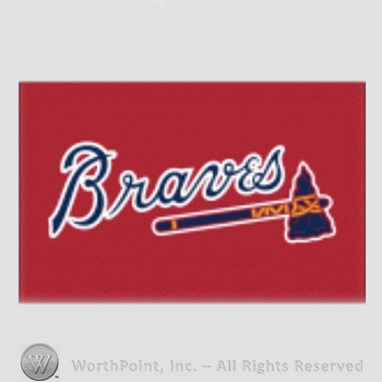 Atlanta Braves sport logo: Braves above a tomahawk on red background.
