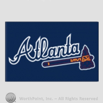 Atlanta Braves sport logo: Atlanta above a tomahawk on navy blue background.