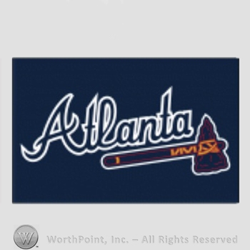 Atlanta Braves sport logo: Atlanta above a tomahawk on navy blue background.