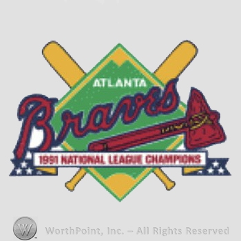 Atlanta Braves sport logo: 1991 National League Champions; Atlanta Braves above a tomahawk, all on a green and gold diamond shape; crossed baseball bat on the background.