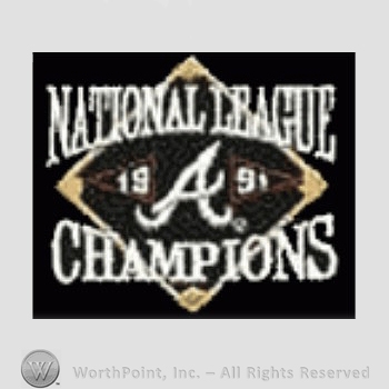 Atlanta Braves sport logo: National League 1991 A Champions written on a dark background.