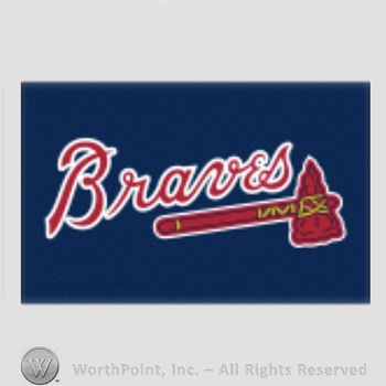 Atlanta Braves sport logo: Braves above a scarlet tomahawk on a navy blue background.