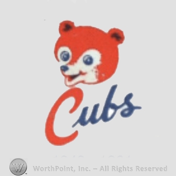 Chicago Cubs sport logo: red Cubs head over script.