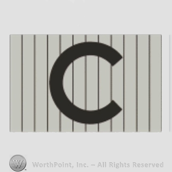 Chicago Cubs sport logo: letter C on grey with black pinstripes background.