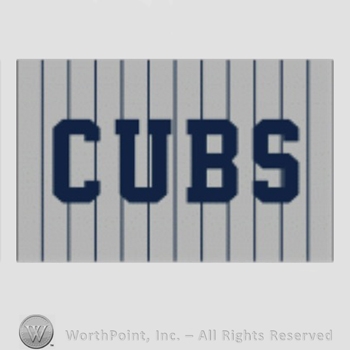 Chicago Cubs sport logo:  CUBS on a grey with black stripes background.