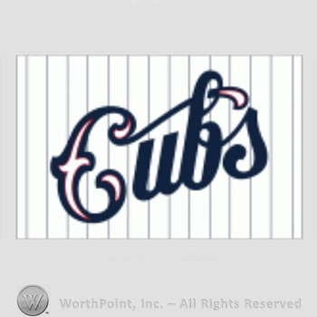 Chicago Cubs sport logo: CUBS on a white and grey stripes background.