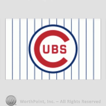 Chicago Cubs sport logo: UBS inside C all inside a circle on a white with blue stripes background.