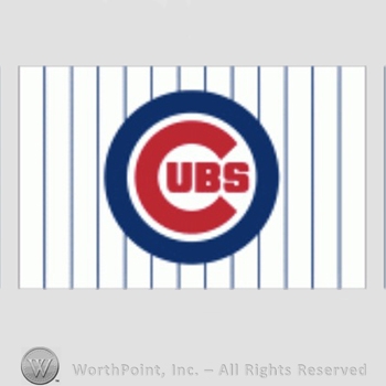 Chicago Cubs sport logo: UBS inside C all inside a circle on a white with blue stripes background.