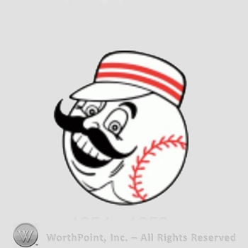 Cincinnati Reds sport logo: baseball with face and mustahce wearing old fashioned hat.