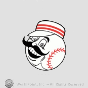 Cincinnati Reds sport logo: baseball with face and mustahce wearing old fashioned hat.