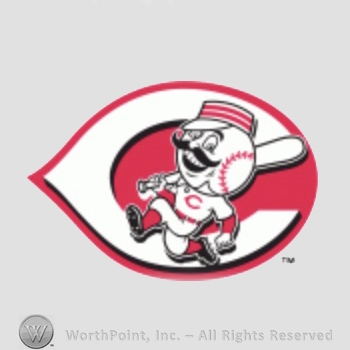 Cincinnati Reds sport logo: baseball head man in old fashioned uniform running with a bat inside a C.