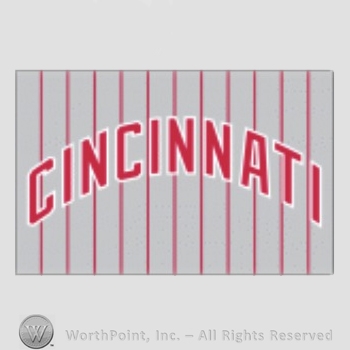Cincinnati Reds sport logo: CINCINNATI on a grey with red stripes background.