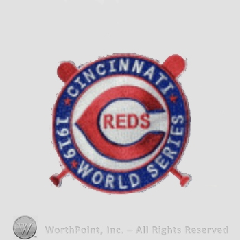 Cincinnati Reds sport logo: 1919 World Series Cincinnati; REDS inside C and crossed baseball bats behind.