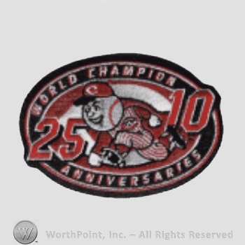 Cincinnati Reds sport logo: World Champion 25/10 Anniversaries and a running man with a baseball head.