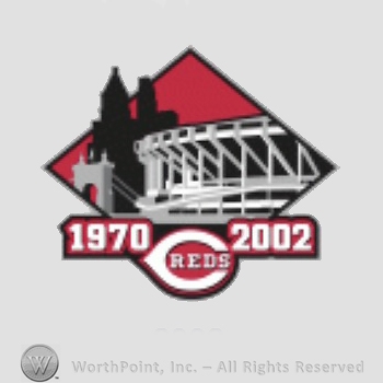 Cincinnati Reds sport logo: 1970 REDS 2002 and photo of a stadium.