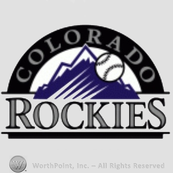 Colorado Rockies sport logo: baseball and Colorado written over mountains; Rockies written below.