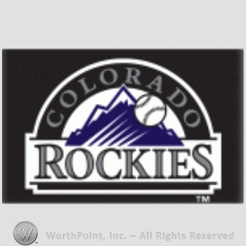 Colorado Rockies sport logo: baseball and Colorado written over mountains; Rockies written below all over black background.