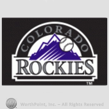 Colorado Rockies sport logo: baseball and Colorado written over mountains; Rockies written below all over black background.