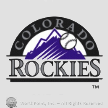 Colorado Rockies sport logo: baseball and Colorado written over mountains; Rockies written below.