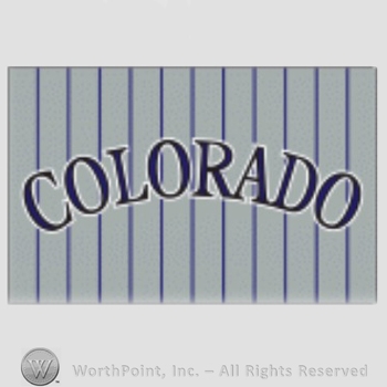 Colorado Rockies sport logo: Colorado on a grey with purple stripes background.