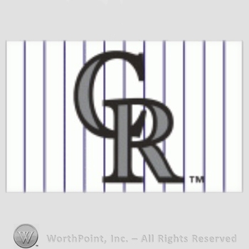 Colorado Rockies sport logo: CR on a white with purple stripes background.