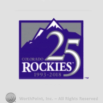 Colorado Rockies sport logo: Colorado Rockies 25 over mountains; 1993 - 2018 below.