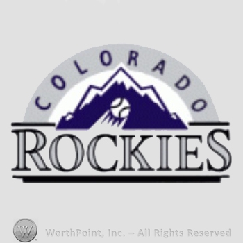 Colorado Rockies sport logo: baseball and Colorado written over mountains; Rockies written below.