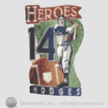 Los Angeles Dodgers sport logo: Heroes written above number 14 and a baseball player; Hodges written below.