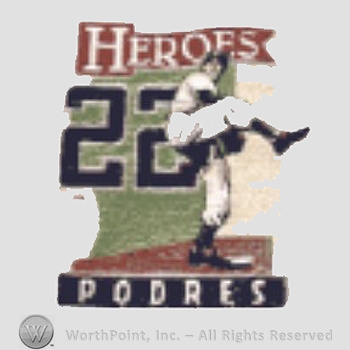 Los Angeles Dodgers sport logo: Heroes written above number 22 and a baseball player; Podres written below.